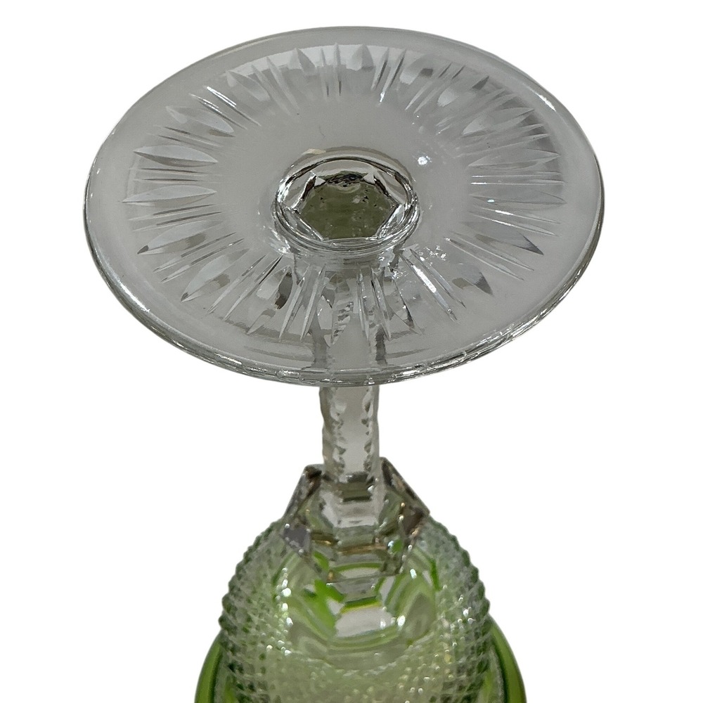 Vintage Green Cut to Clear Crystal Wine Hock Tall Stem Faceted Glassware - Picture 6 of 9